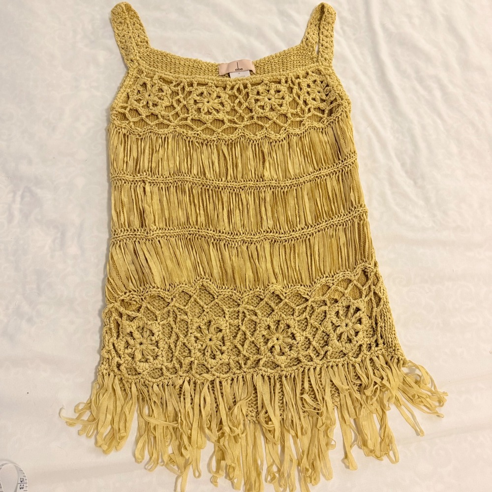 Obe Mustard Yellow Crochet Fringe Knit Tank Top Floral‎ Boho Sleeveless M X-0015